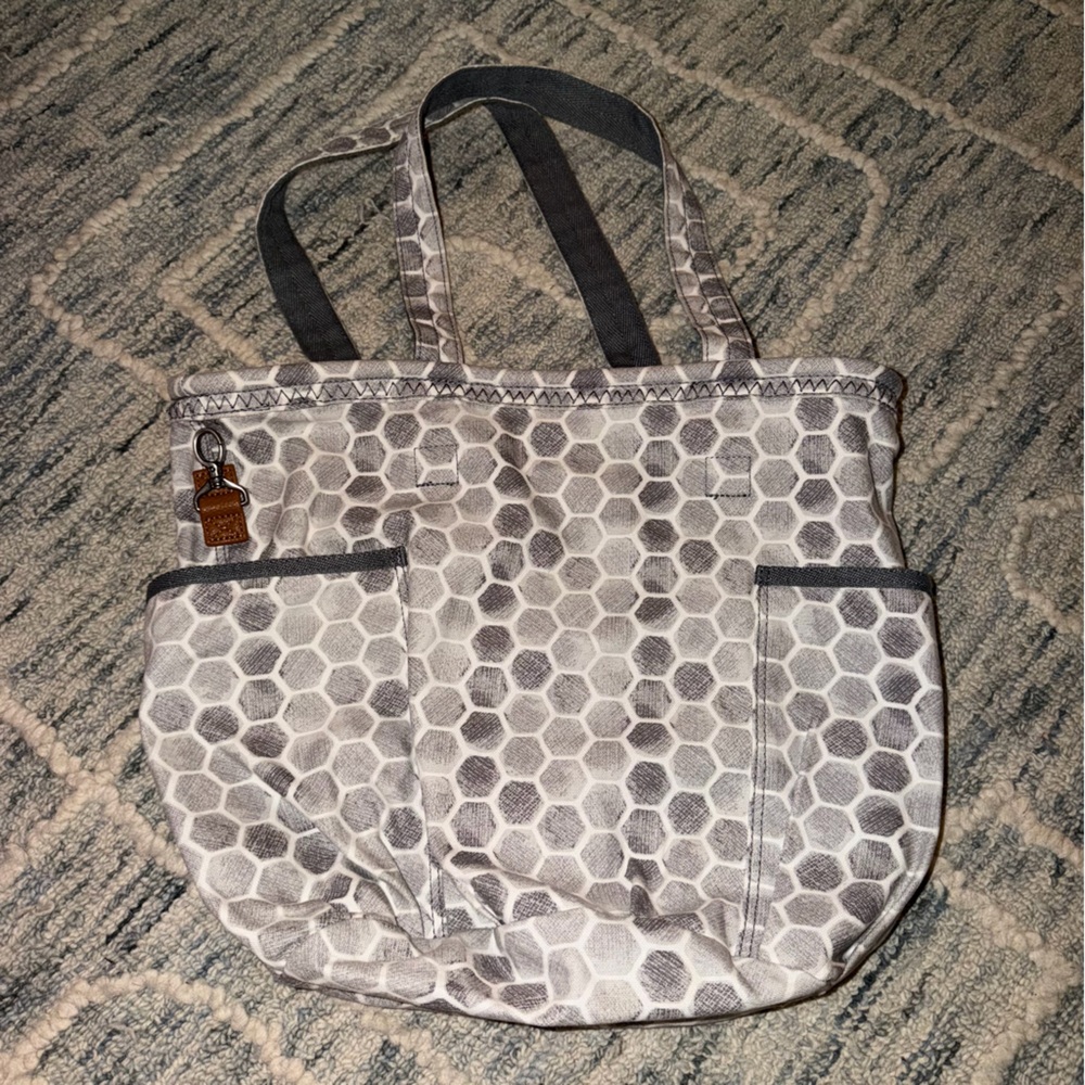 Thirty One Retro Metro Tote Bag Stepping Stones Gray Outside Pockets Open Top